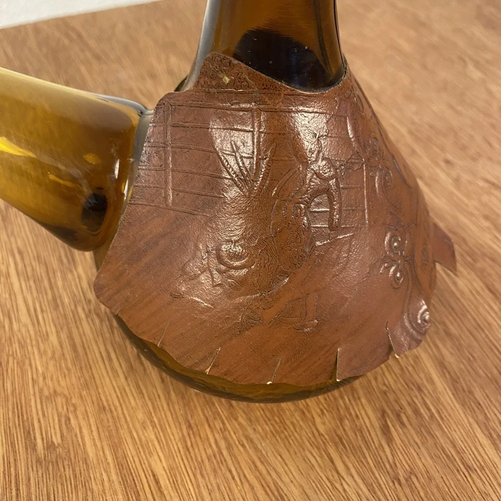 Vintage Spanish Amber Glass Porron Wine Decanter Leather Wrapped Recuerdo Espana